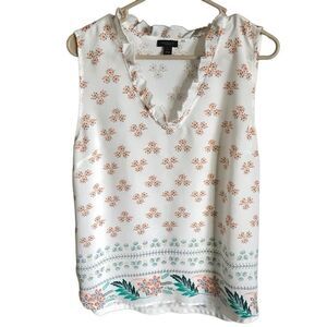 Ann Taylor factory sleeveless top blouse size Large cream green ruffle V-neck